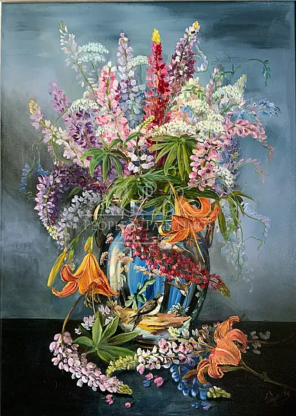 Blue Vase with Lupines